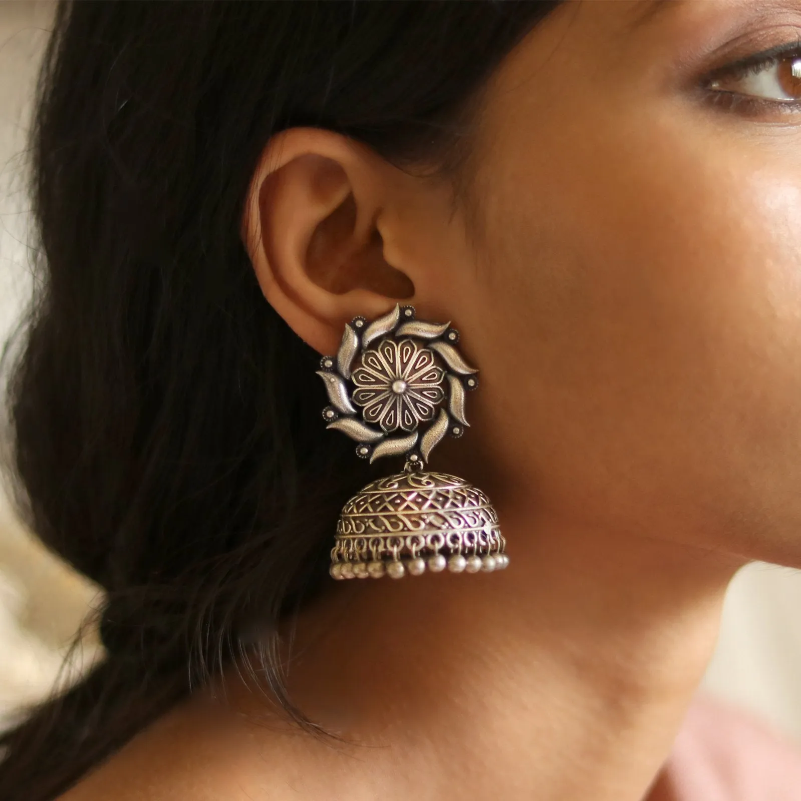 Teejh Prisha Silver Oxidised Floral Jhumki Earrings