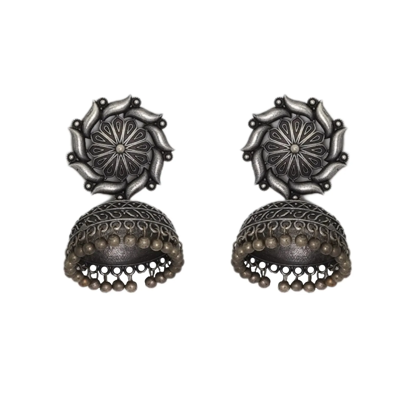 Teejh Prisha Silver Oxidised Floral Jhumki Earrings