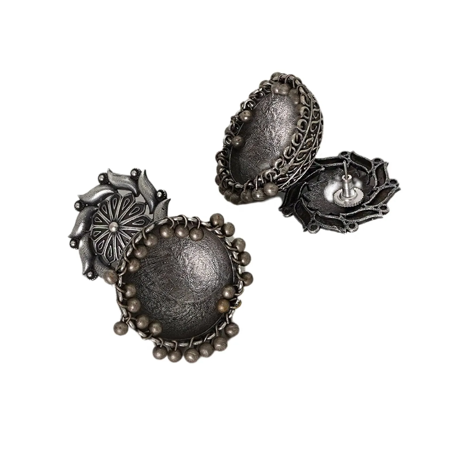 Teejh Prisha Silver Oxidised Floral Jhumki Earrings