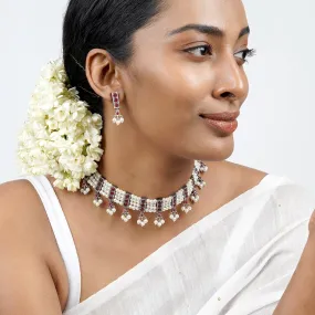 Teejh Shriya Silver Oxidised Pearl Choker Necklace Set