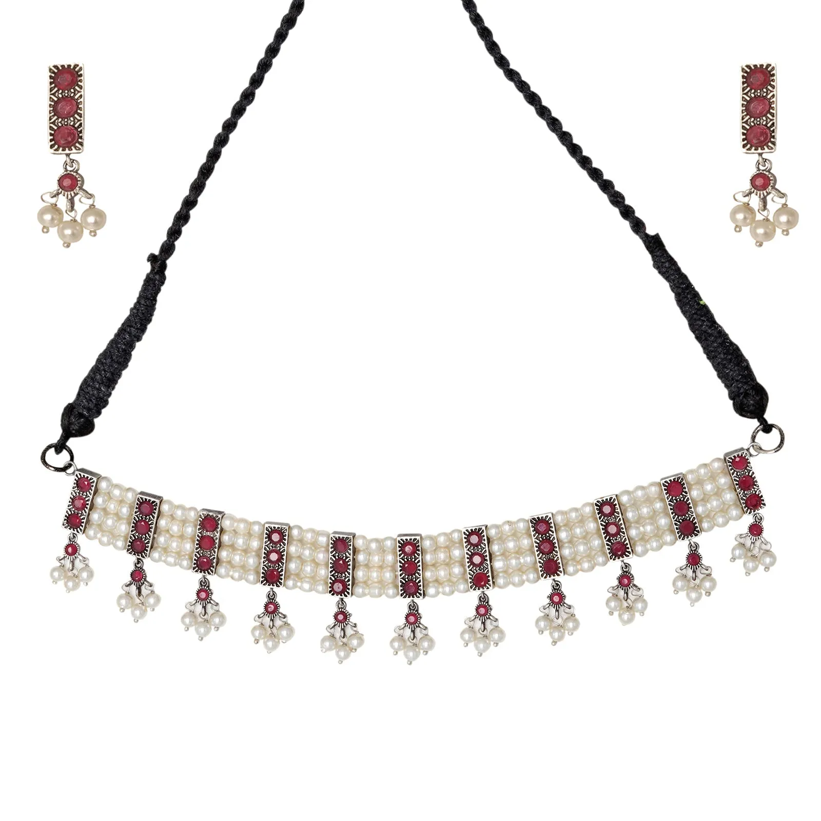 Teejh Shriya Silver Oxidised Pearl Choker Necklace Set