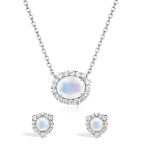 Twilight Moonstone Necklace And Earrings Set With White Sapphire Halo