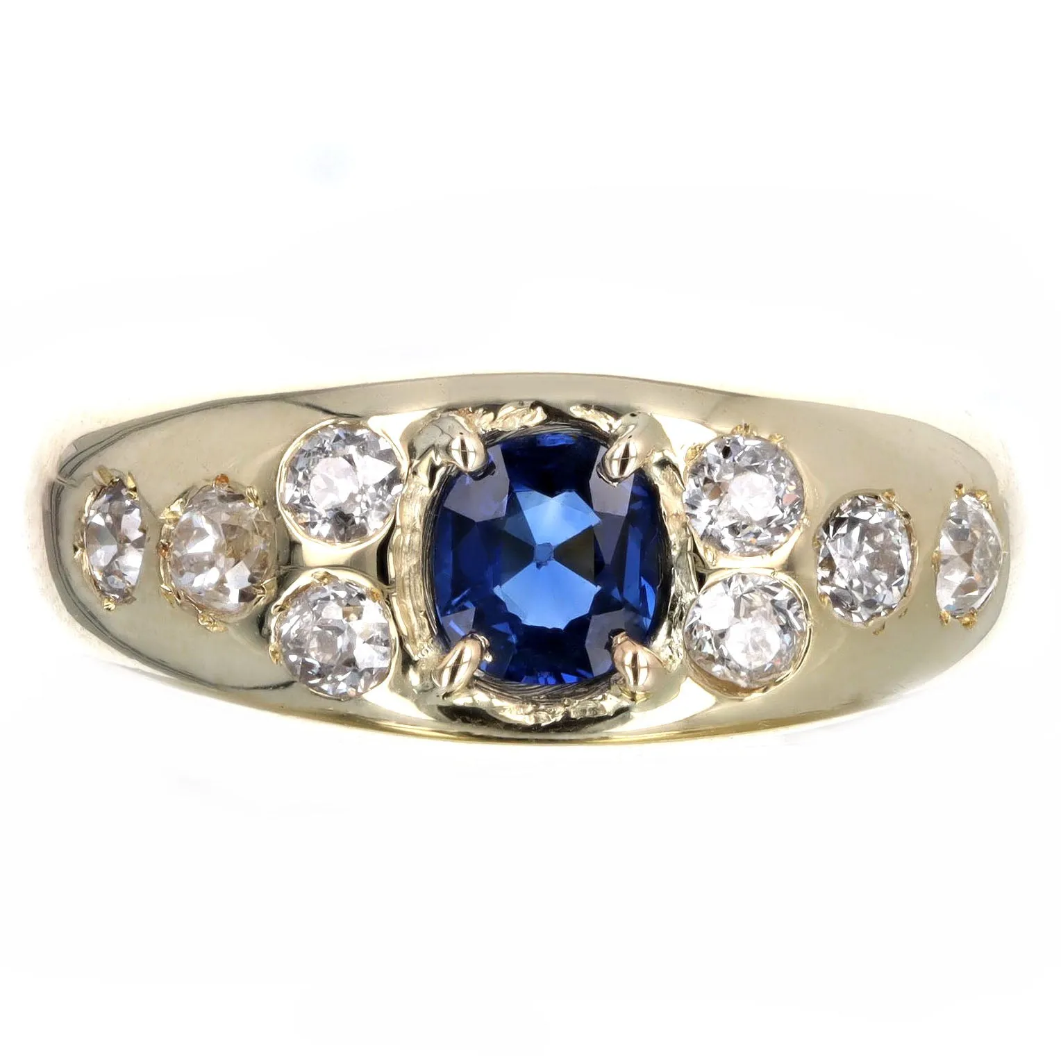 Victorian 0.50 Carat Cushion Cut Natural Sapphire & Diamond Ring in 14K Yellow Gold