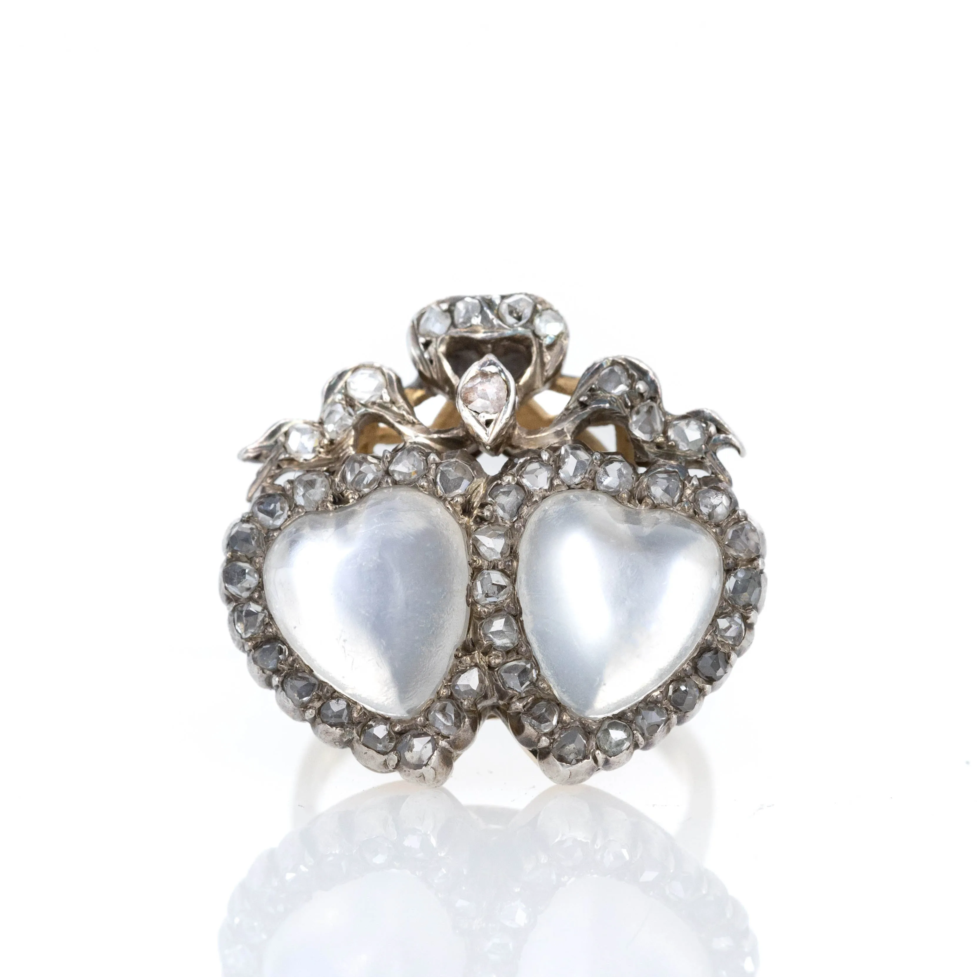 Victorian Twin Heart Shape Moonstone Rose Diamond Conversion Ring