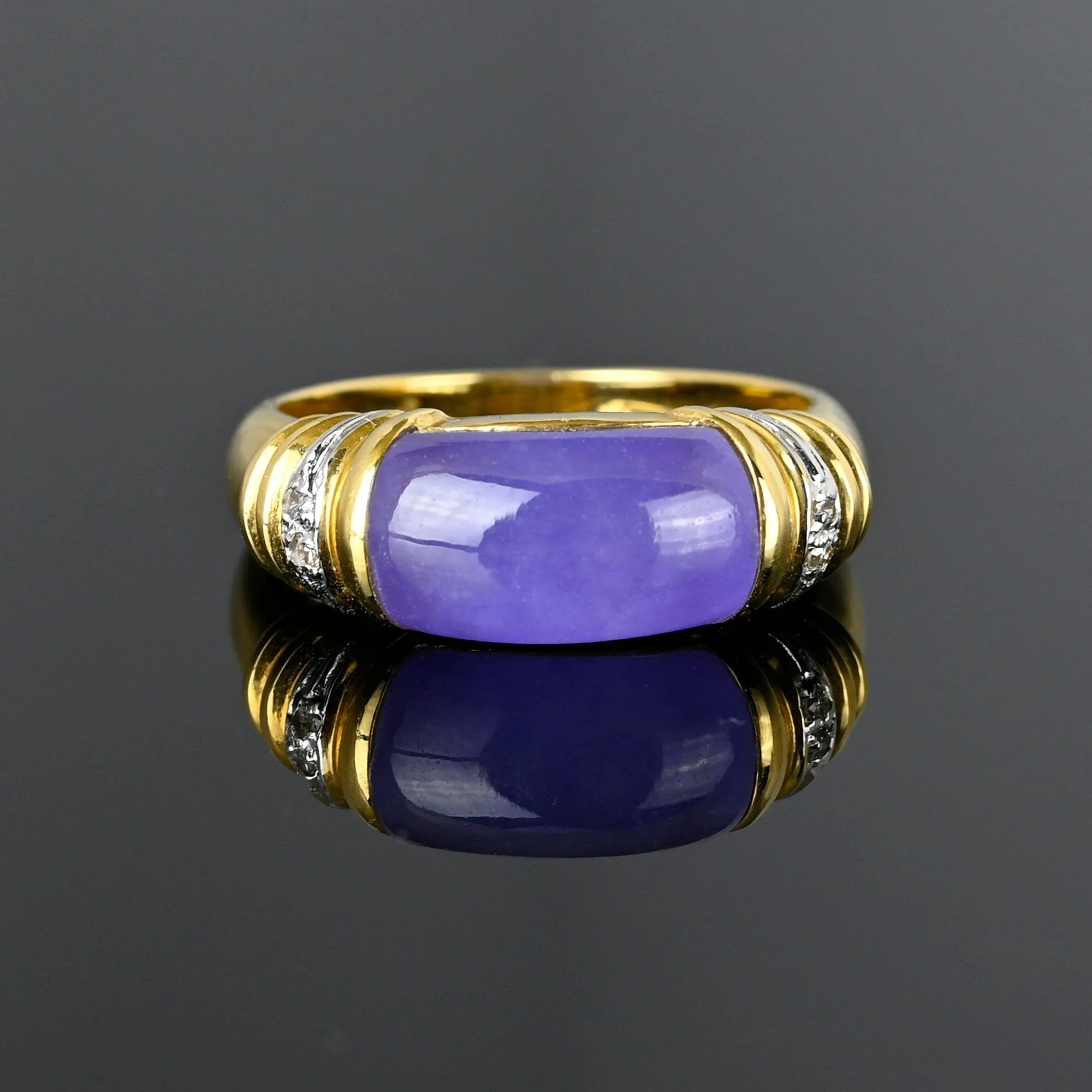 Vintage 14K Gold Diamond East West Purple Jade Ring