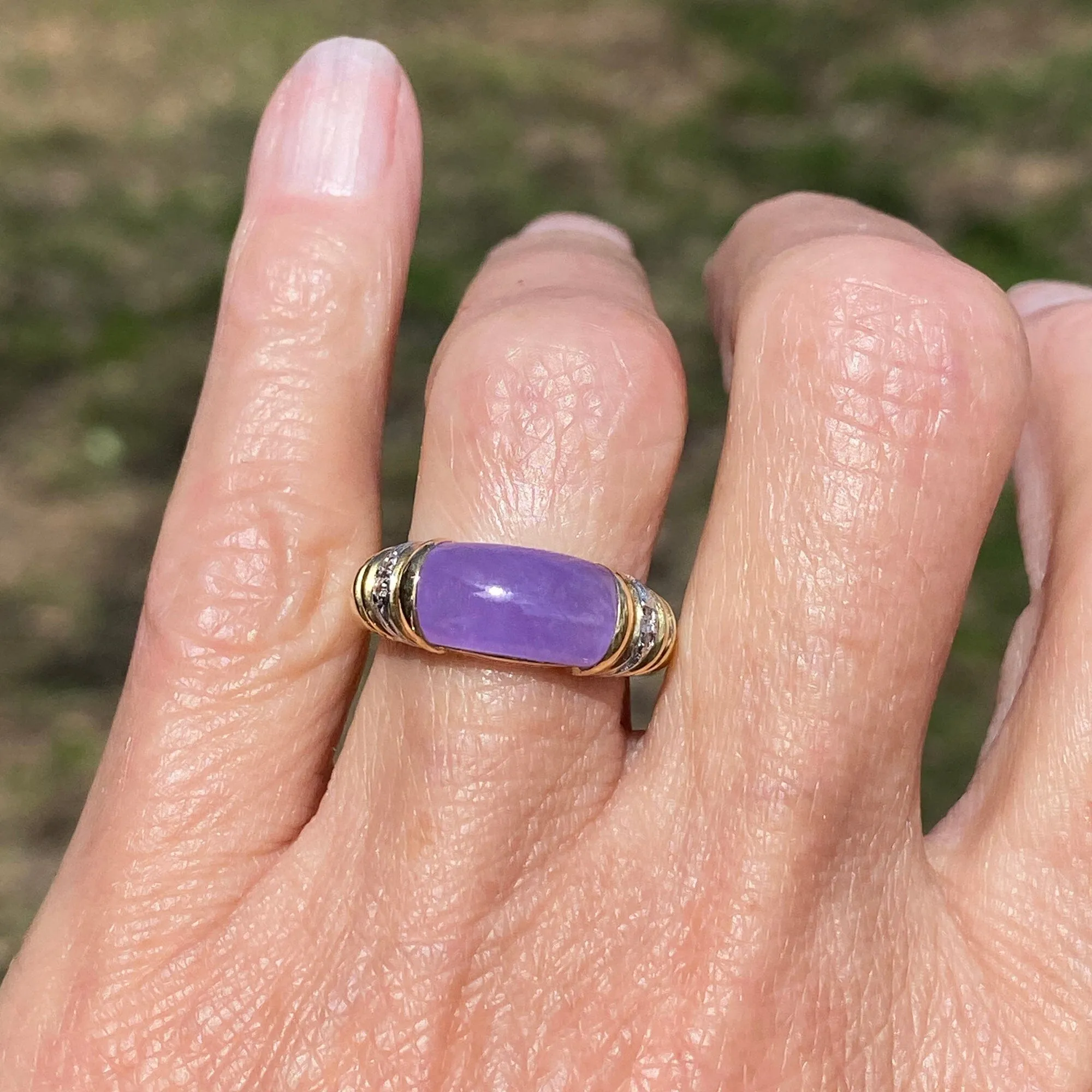 Vintage 14K Gold Diamond East West Purple Jade Ring