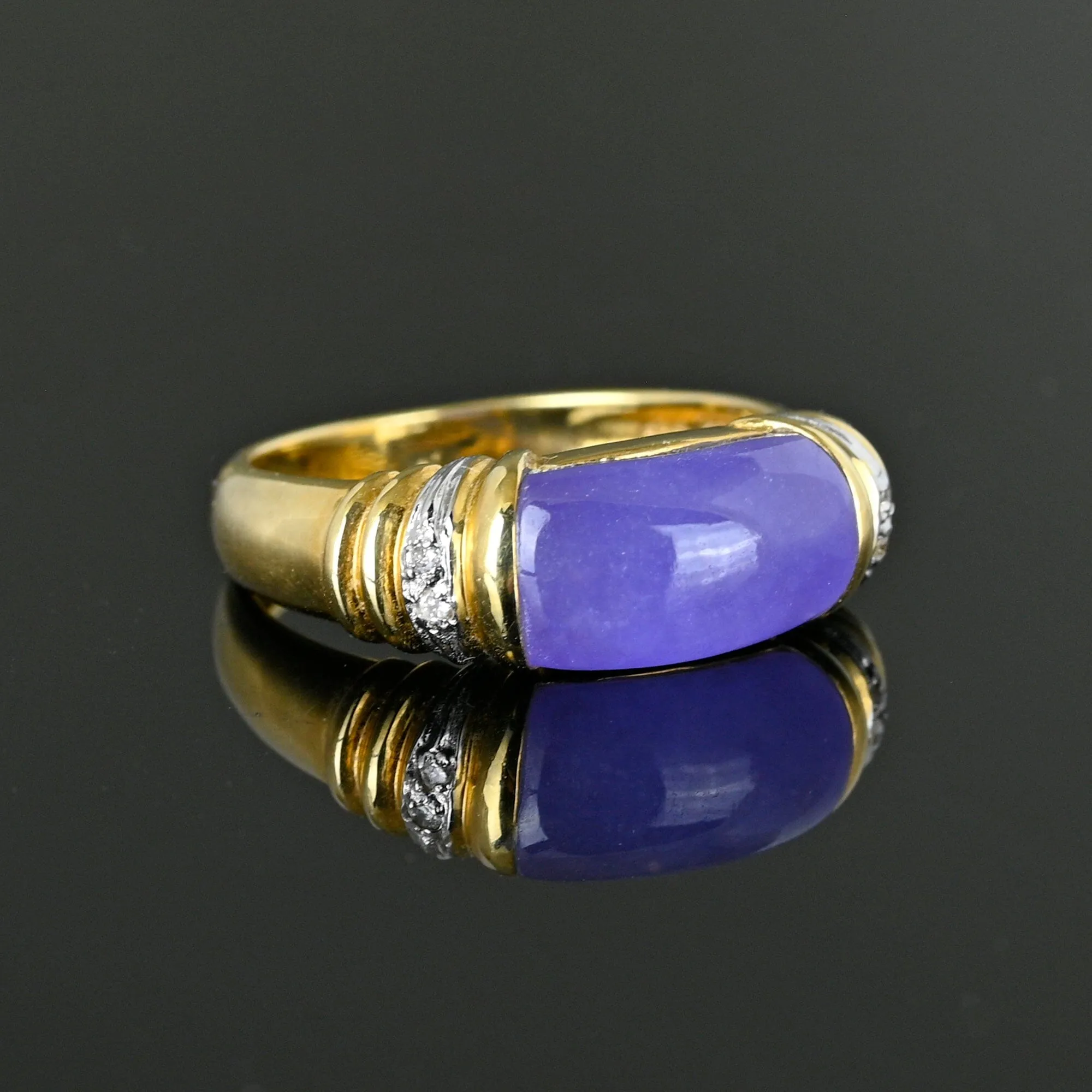 Vintage 14K Gold Diamond East West Purple Jade Ring