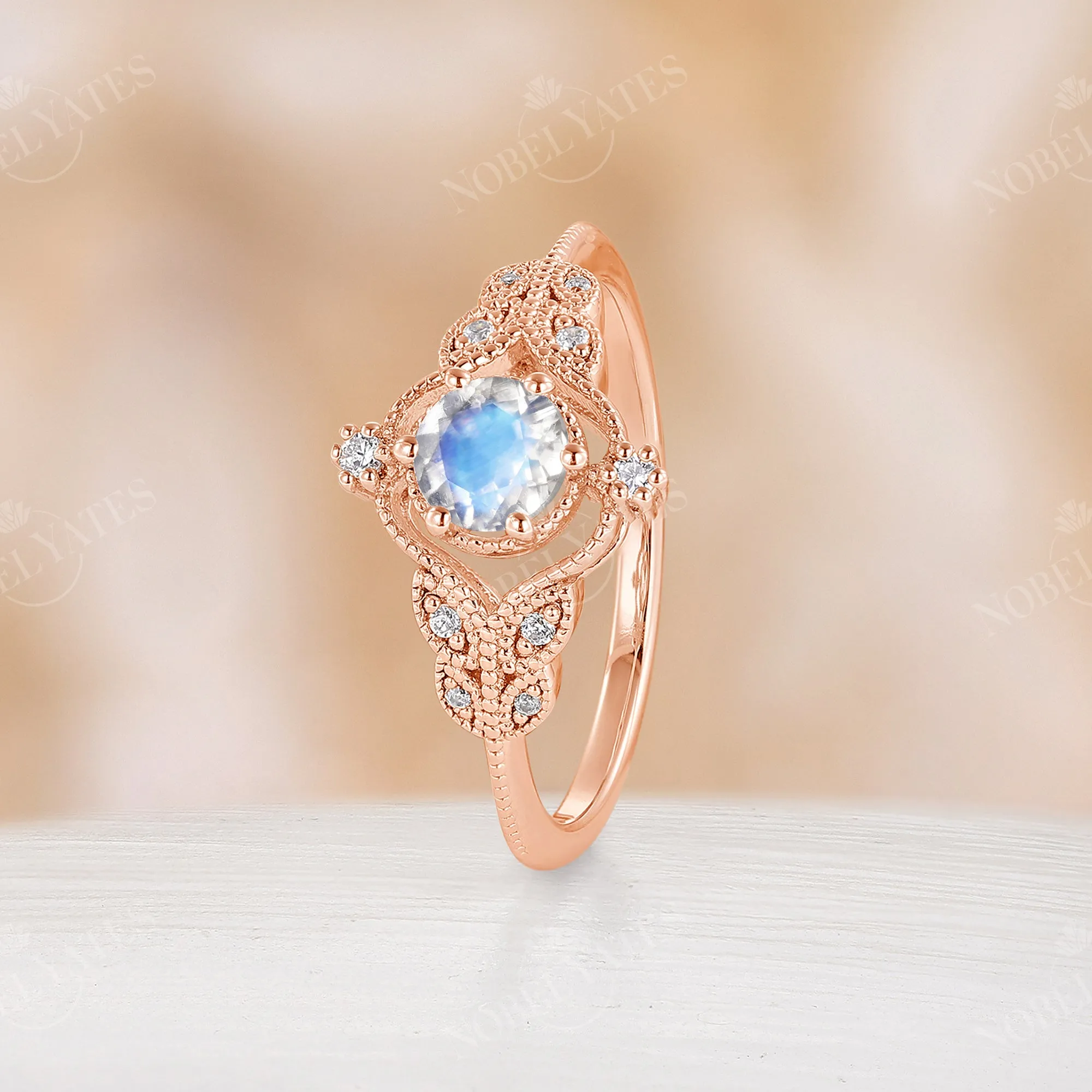 Vintage Nature Moonstone Milgrain Engagement Ring Rose Gold