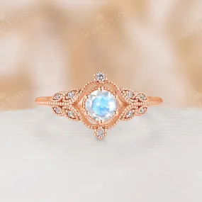 Vintage Nature Moonstone Milgrain Engagement Ring Rose Gold