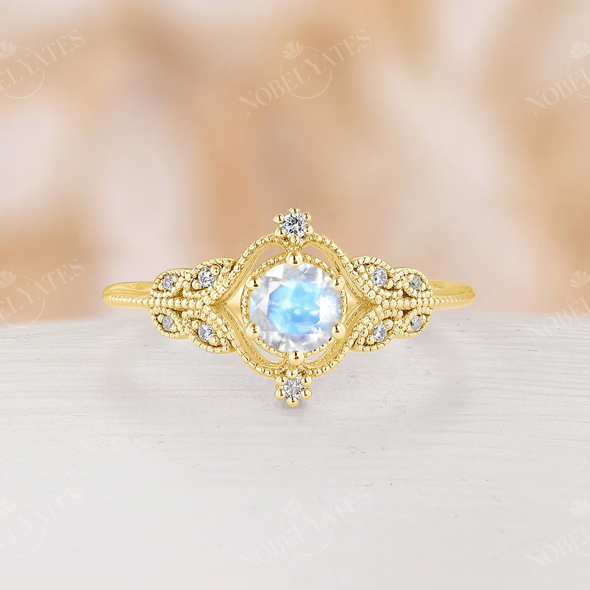 Vintage Nature Moonstone Milgrain Engagement Ring Rose Gold