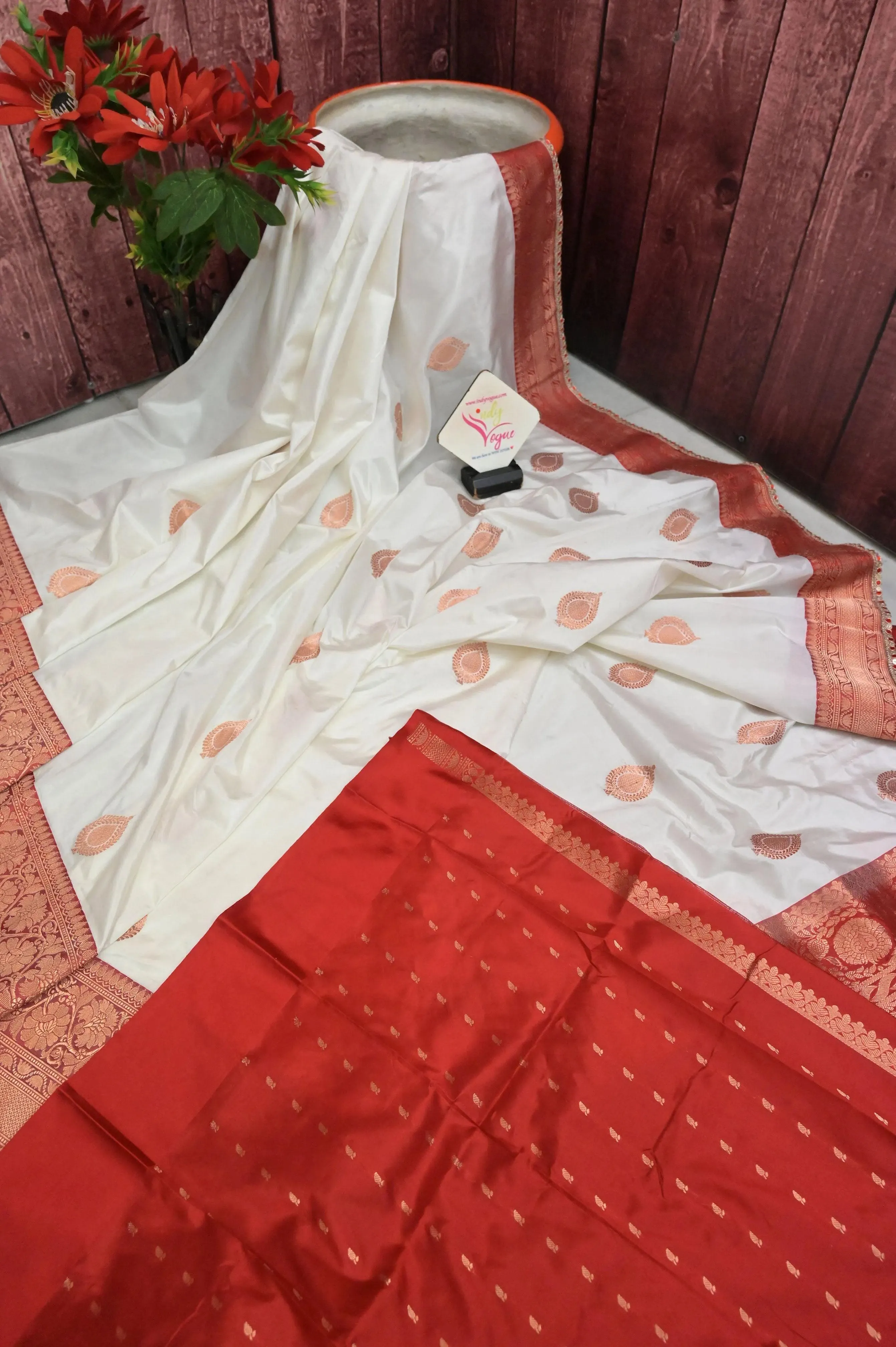 White and Red Color Katan Banarasi with Golden Butta Work