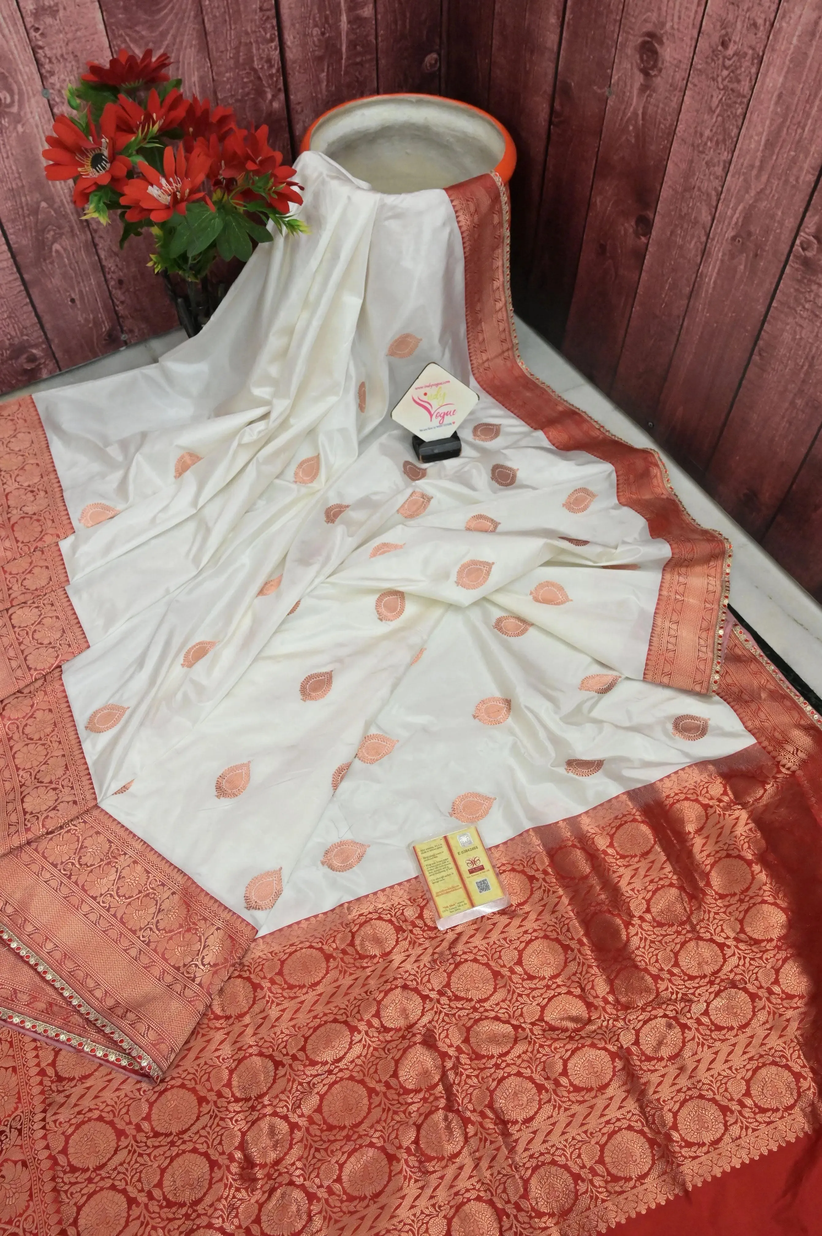 White and Red Color Katan Banarasi with Golden Butta Work