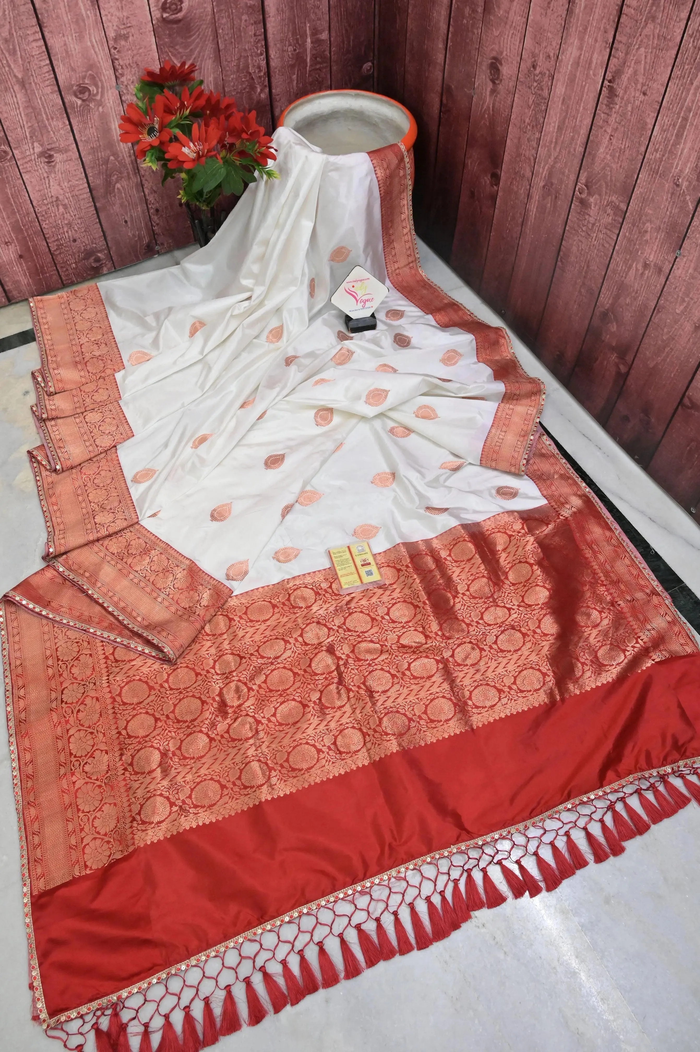 White and Red Color Katan Banarasi with Golden Butta Work