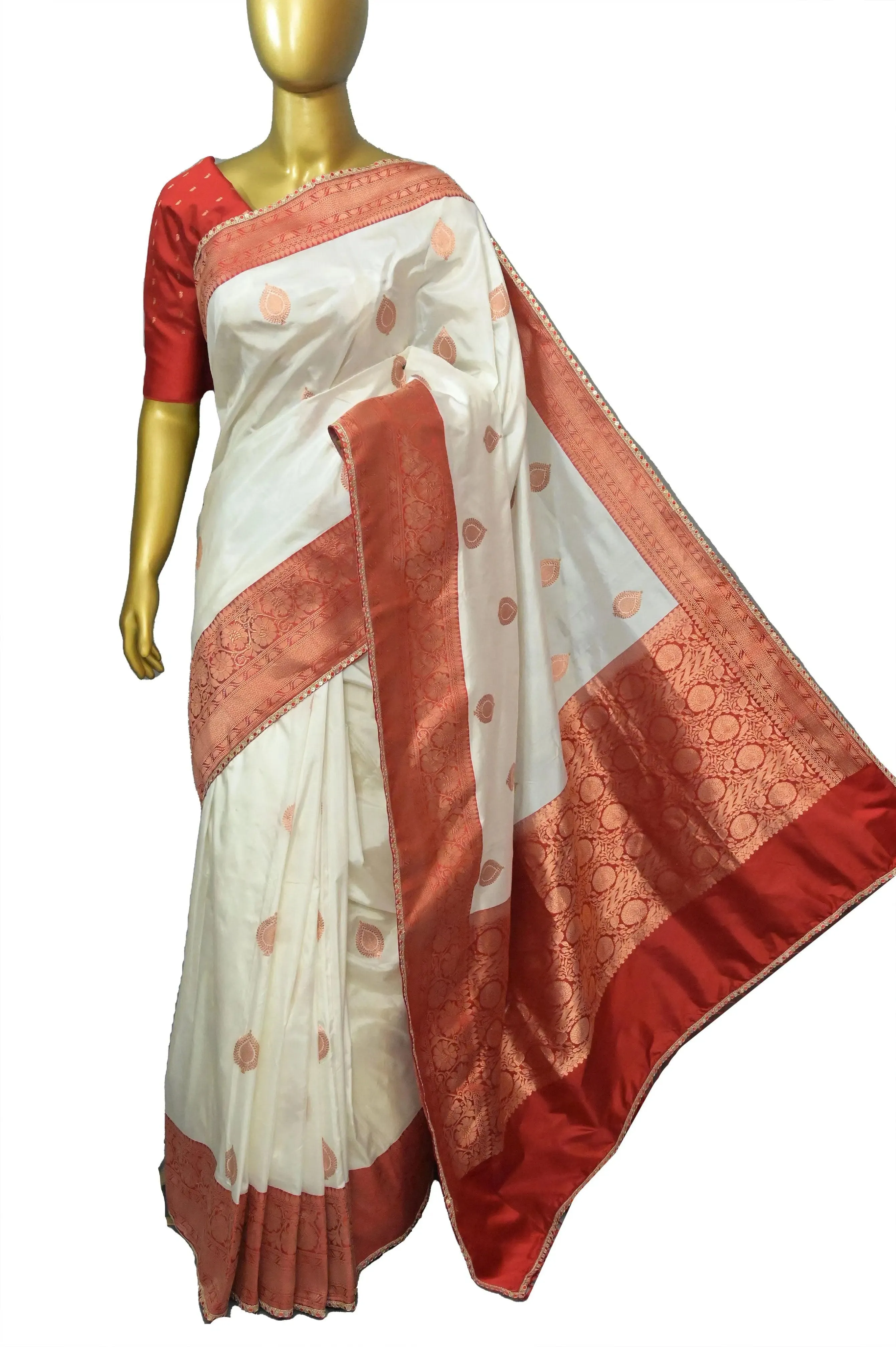 White and Red Color Katan Banarasi with Golden Butta Work