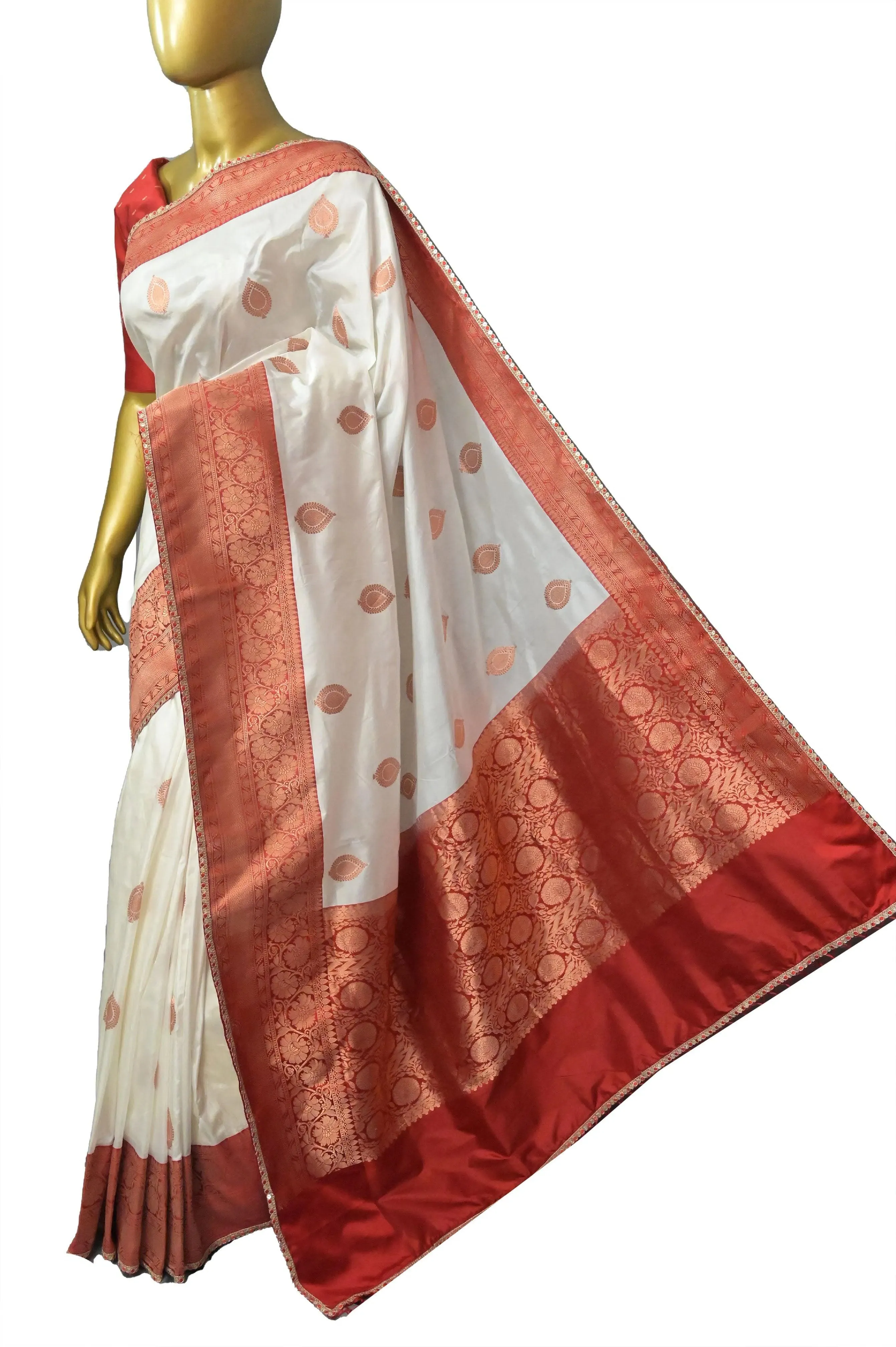 White and Red Color Katan Banarasi with Golden Butta Work