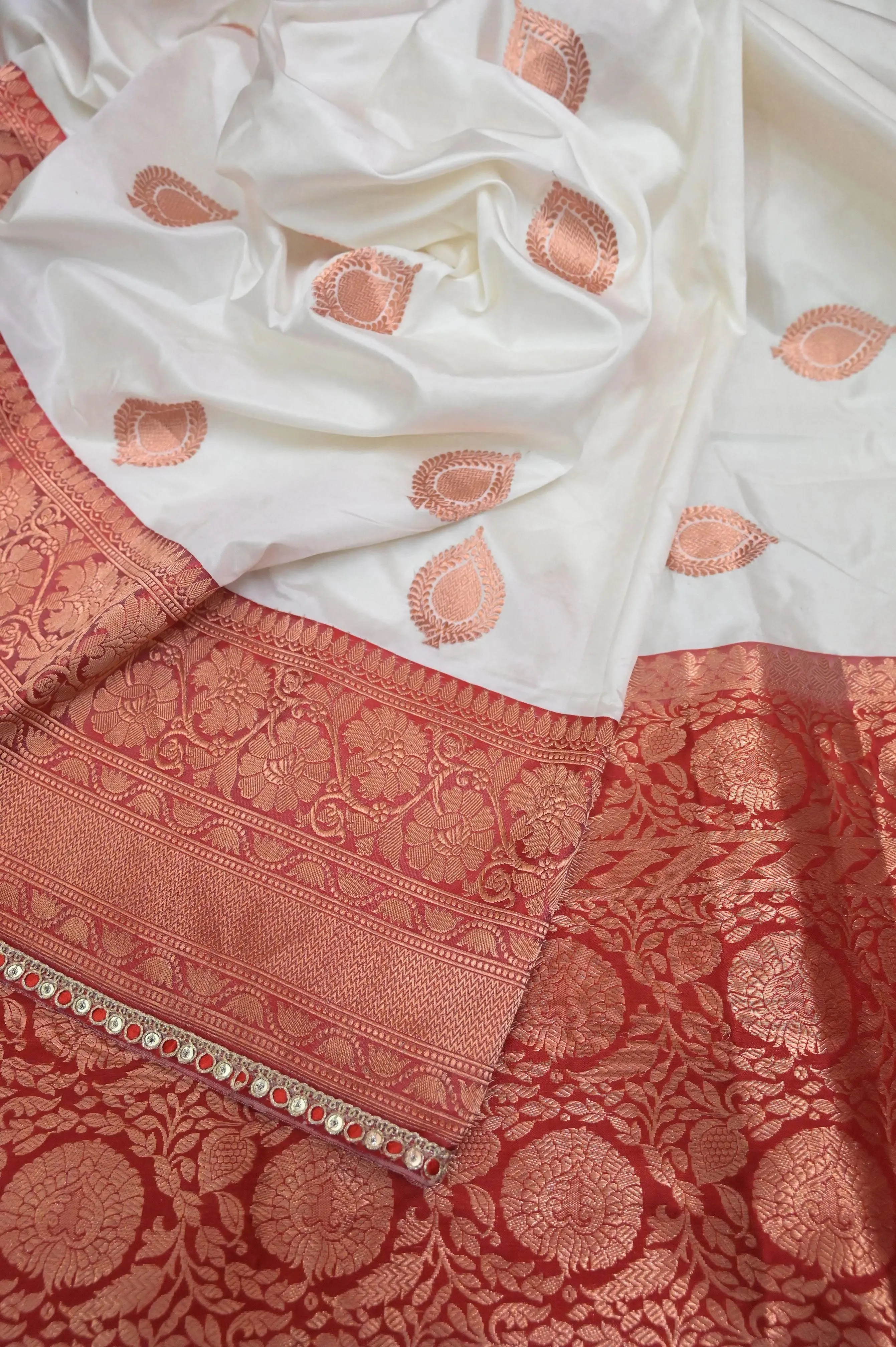 White and Red Color Katan Banarasi with Golden Butta Work