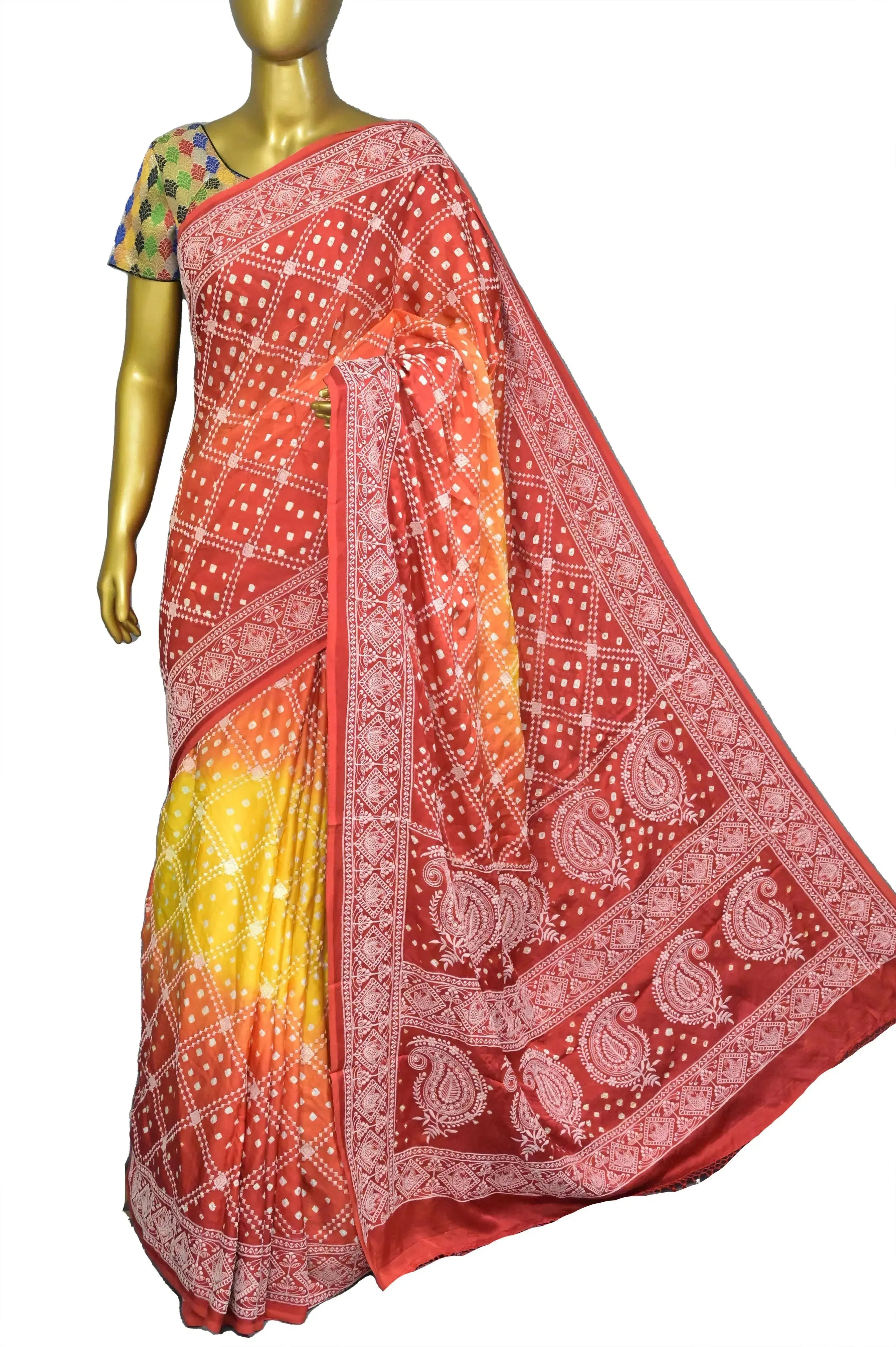 Yellow and Red Color Ghazi Silk with Bandhani Work and Allover Chikankari