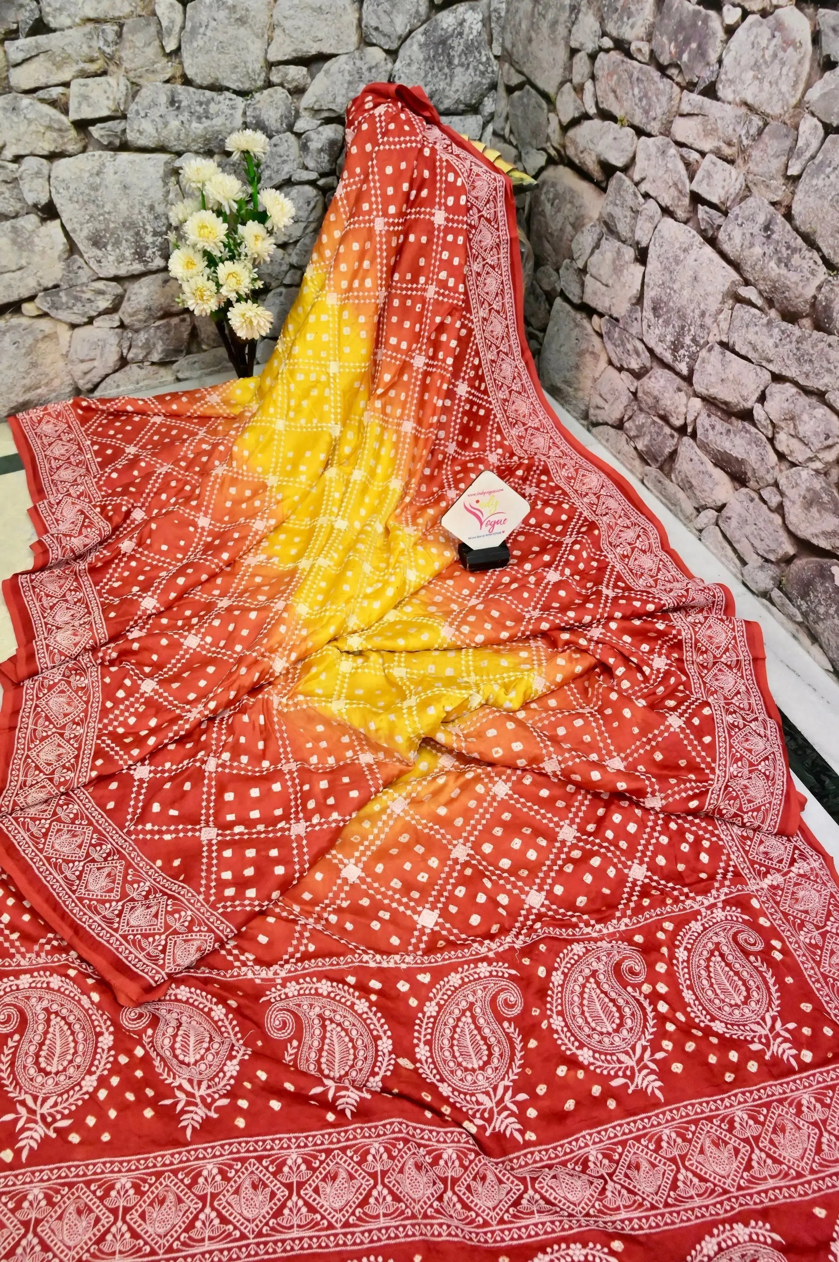 Yellow and Red Color Ghazi Silk with Bandhani Work and Allover Chikankari