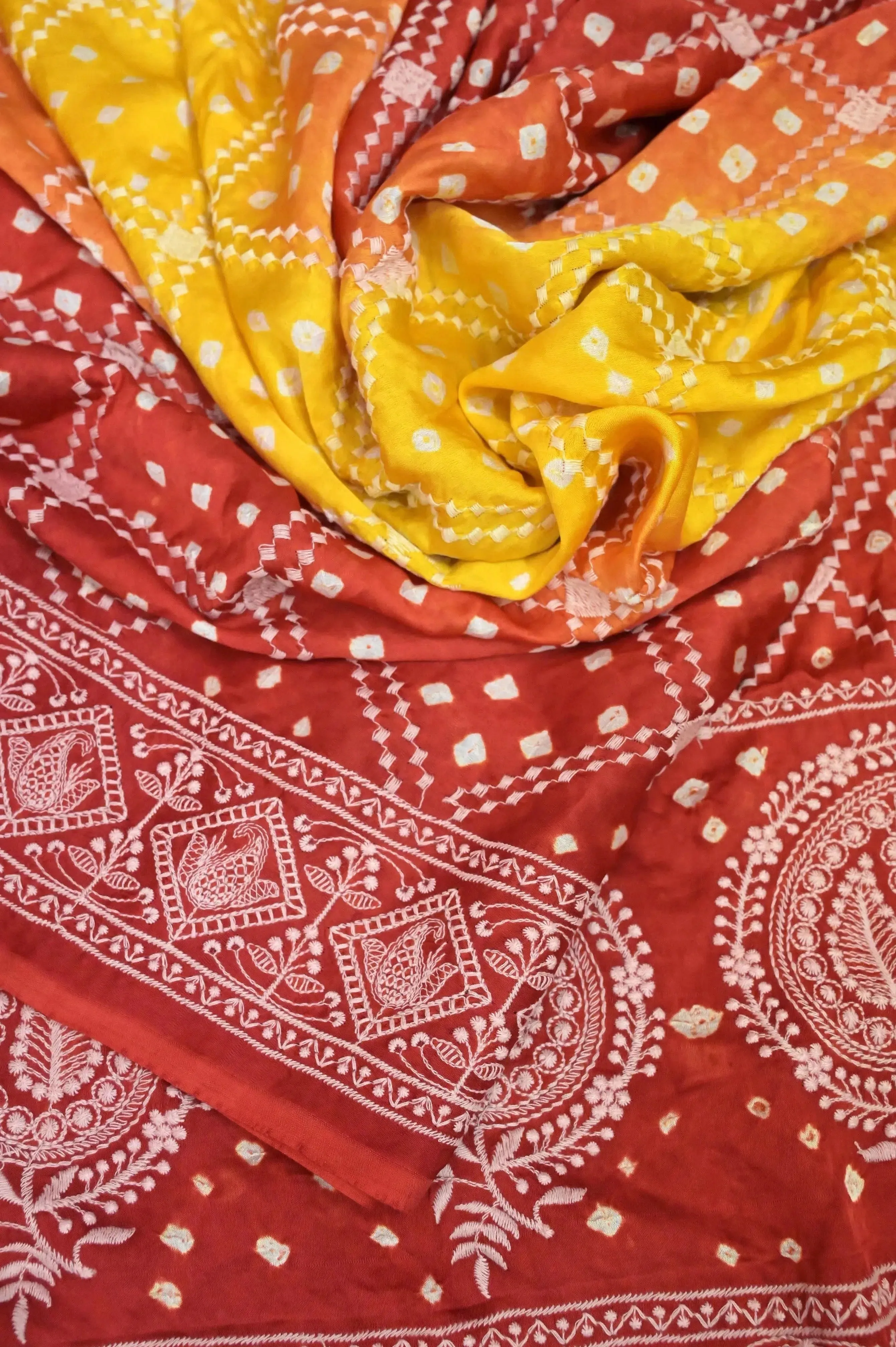 Yellow and Red Color Ghazi Silk with Bandhani Work and Allover Chikankari