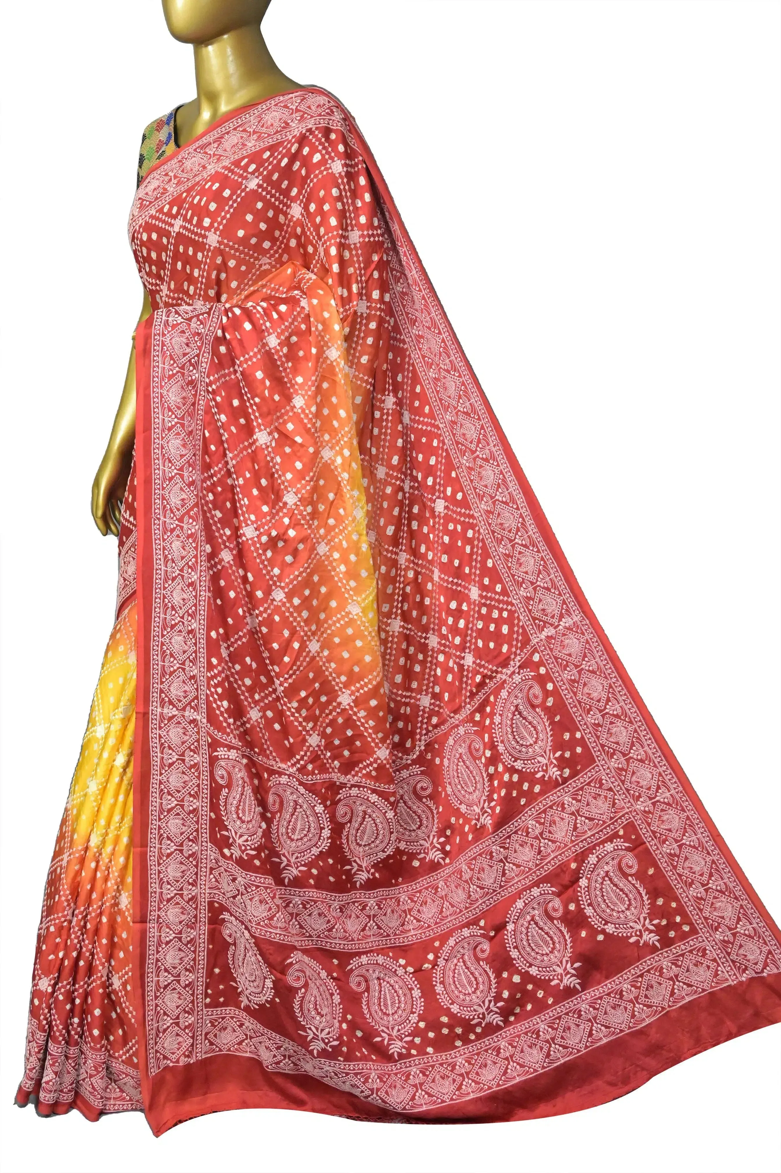 Yellow and Red Color Ghazi Silk with Bandhani Work and Allover Chikankari