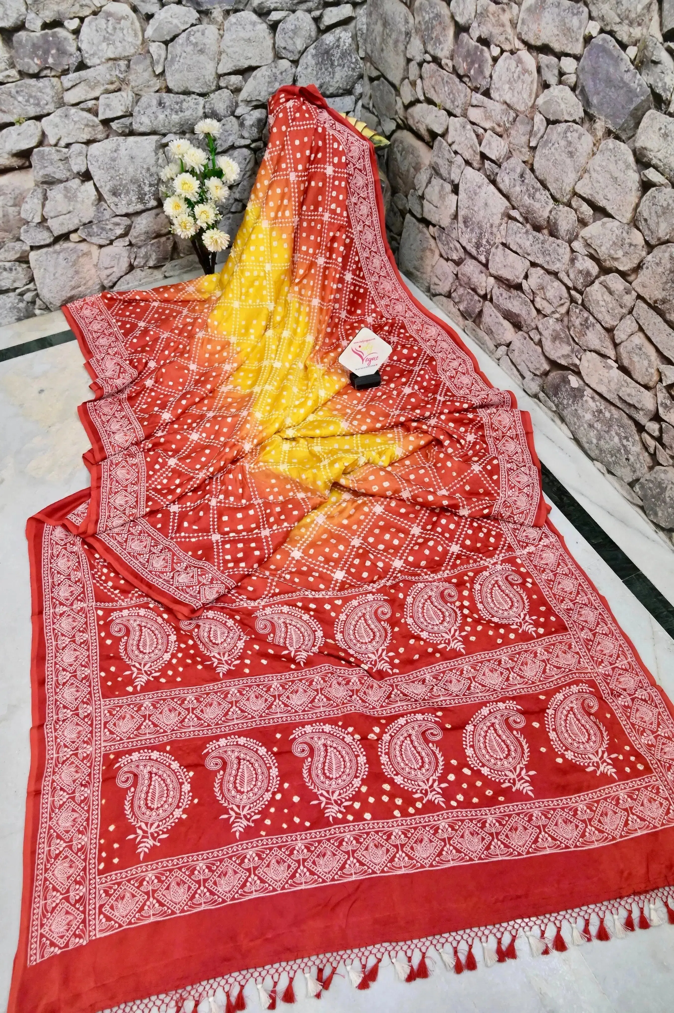 Yellow and Red Color Ghazi Silk with Bandhani Work and Allover Chikankari