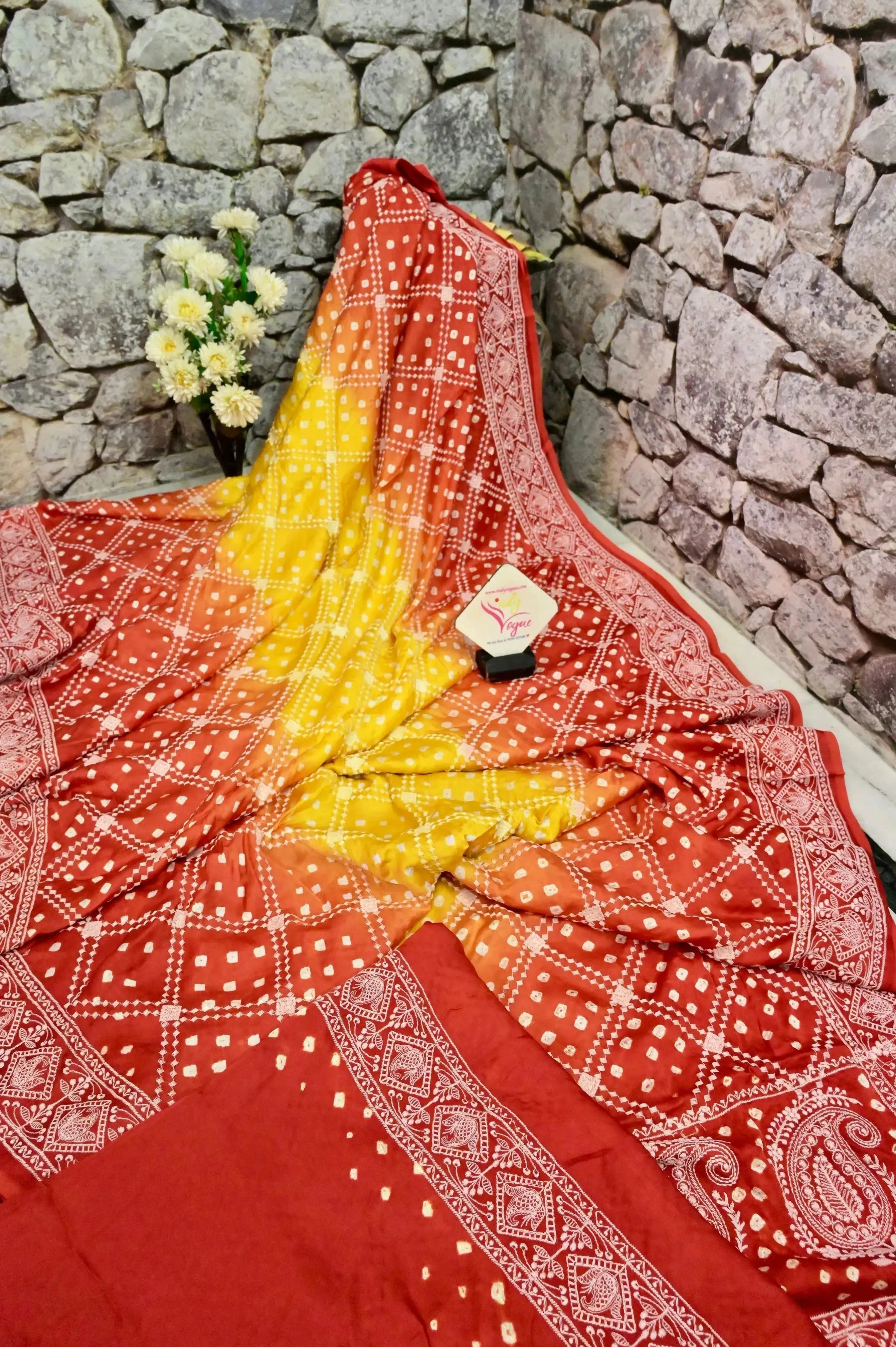 Yellow and Red Color Ghazi Silk with Bandhani Work and Allover Chikankari