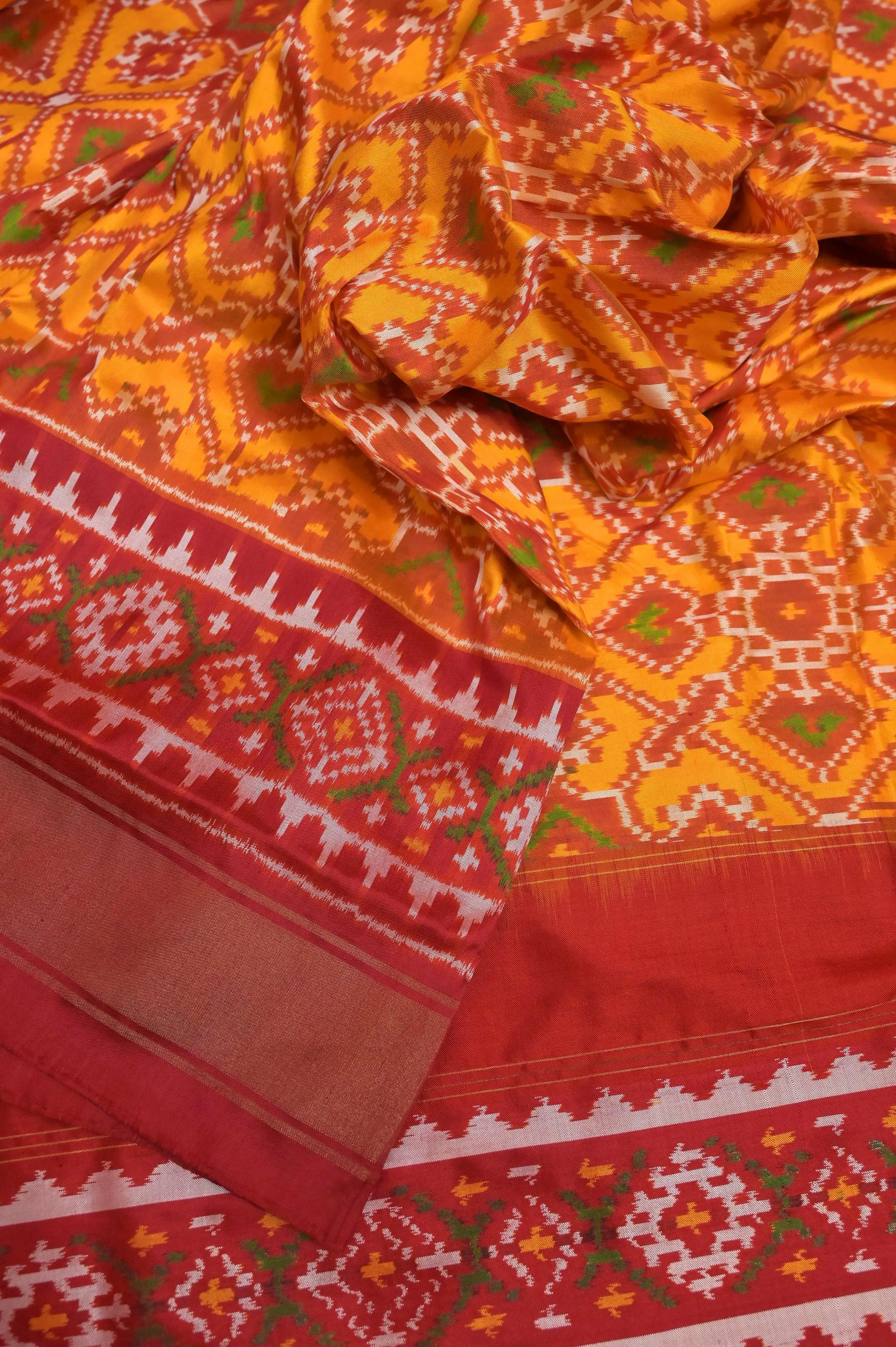 Yellow and Red Color Pure Ikat Silk Saree with Broad Border