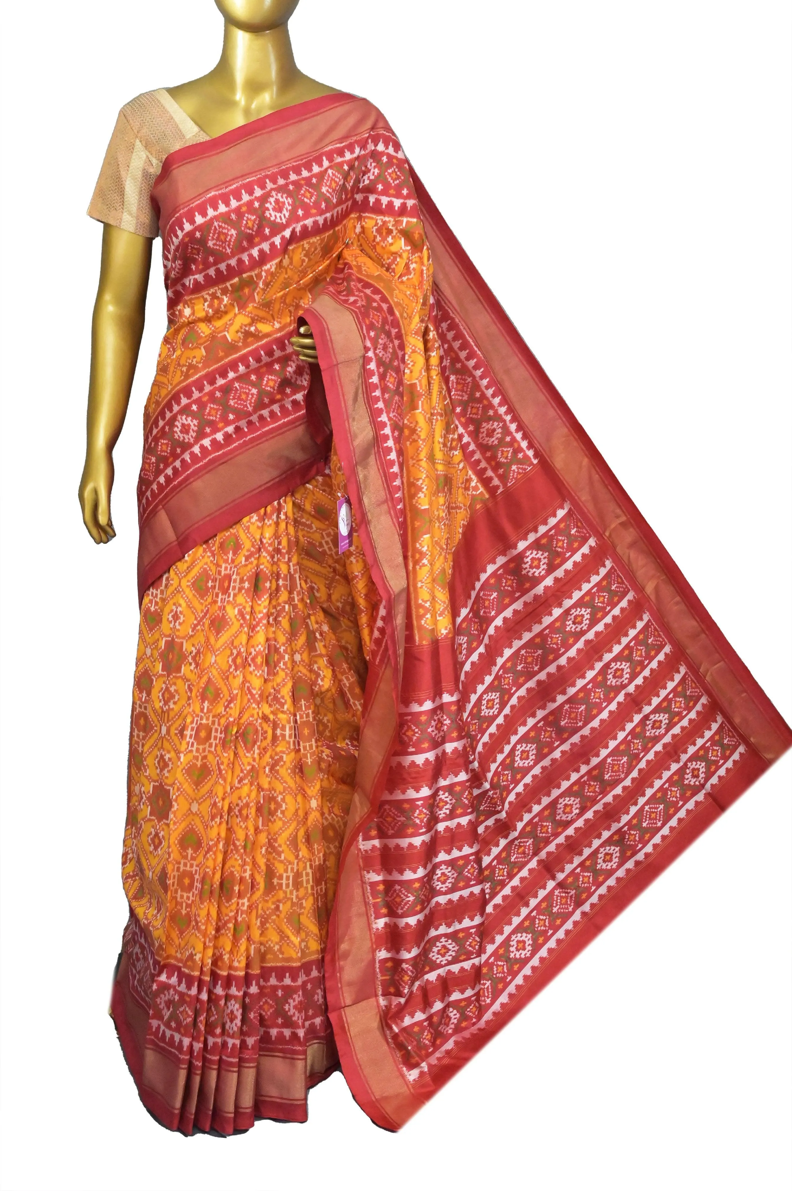 Yellow and Red Color Pure Ikat Silk Saree with Broad Border