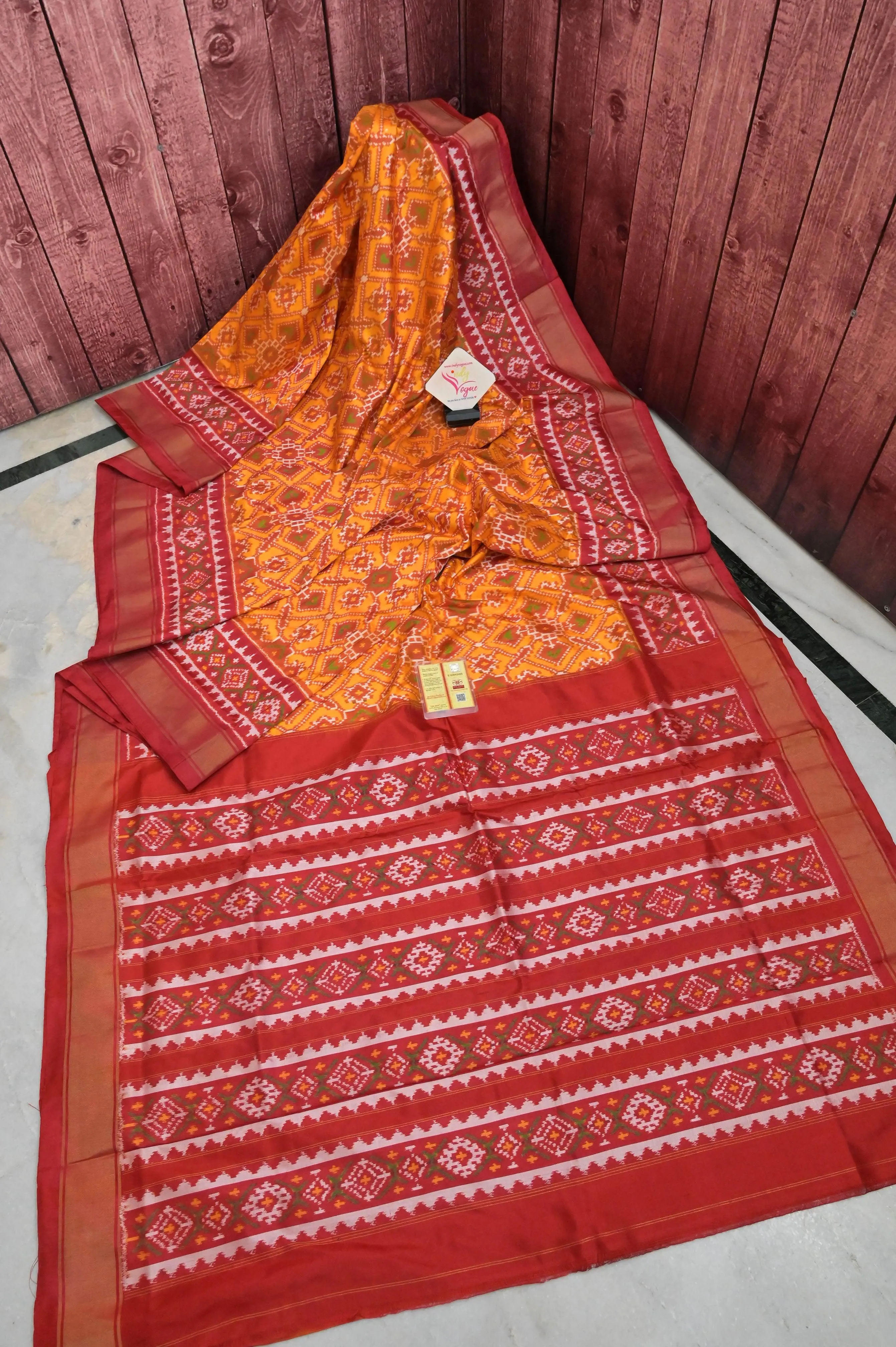 Yellow and Red Color Pure Ikat Silk Saree with Broad Border