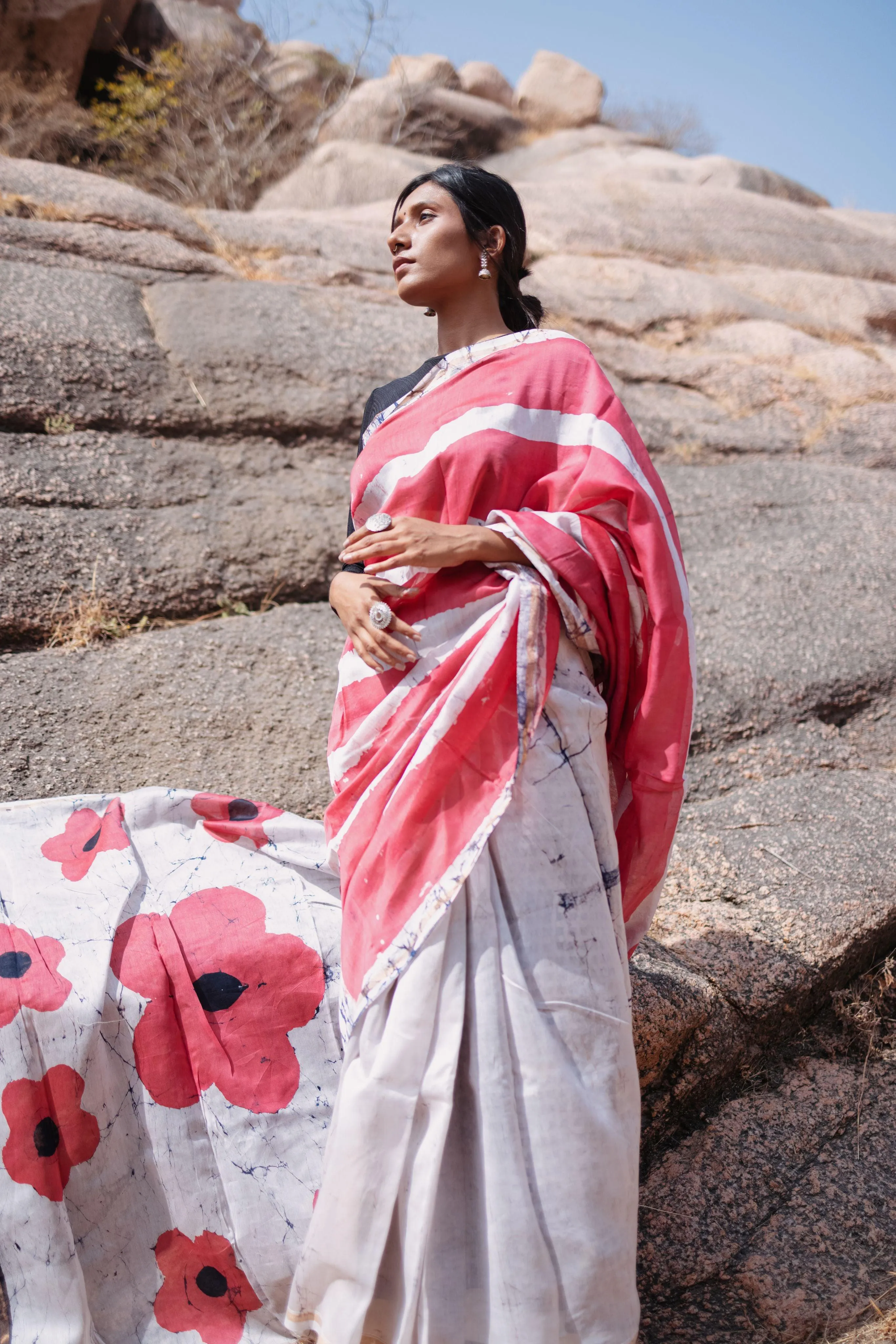 Zahra Batik dye white pink Silk cotton Saree